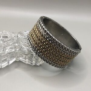 Two tone silver gold metal cable textured clamper bracelet statement style.